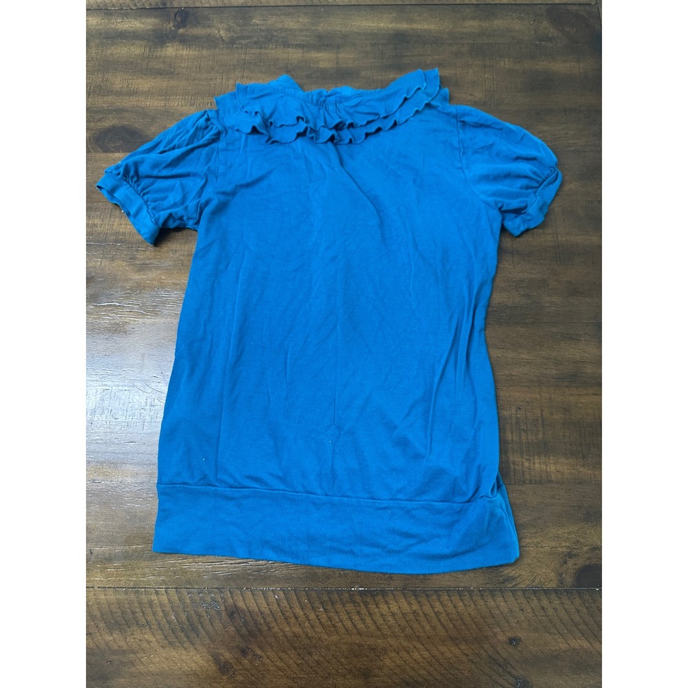 Vintage Forever 21 Teal Blue Ruffle Neck Blouse Short Sleeve Knit Top Medium Y2K - Picture 4 of 7